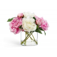 Пионы в овальной вазе с водой искусственные бело-розовые 28 см