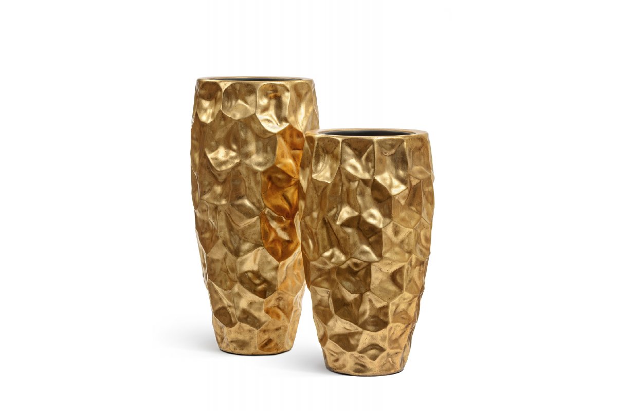 Кашпо Treez Effectory Metal высокий округлый конус Design Сrumple сусальное золото от 75 до 90 см