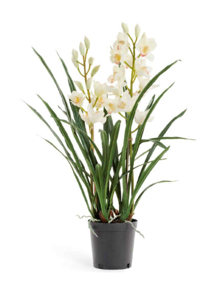 Искусственное растение Орхидея Цимбидиум белая куст в кашпо 2 ветки