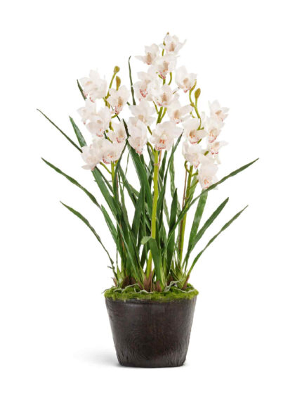 Искусственное растение Орхидея Цимбидиум куст белый 3 ветки с имитацией земли (без кашпо)