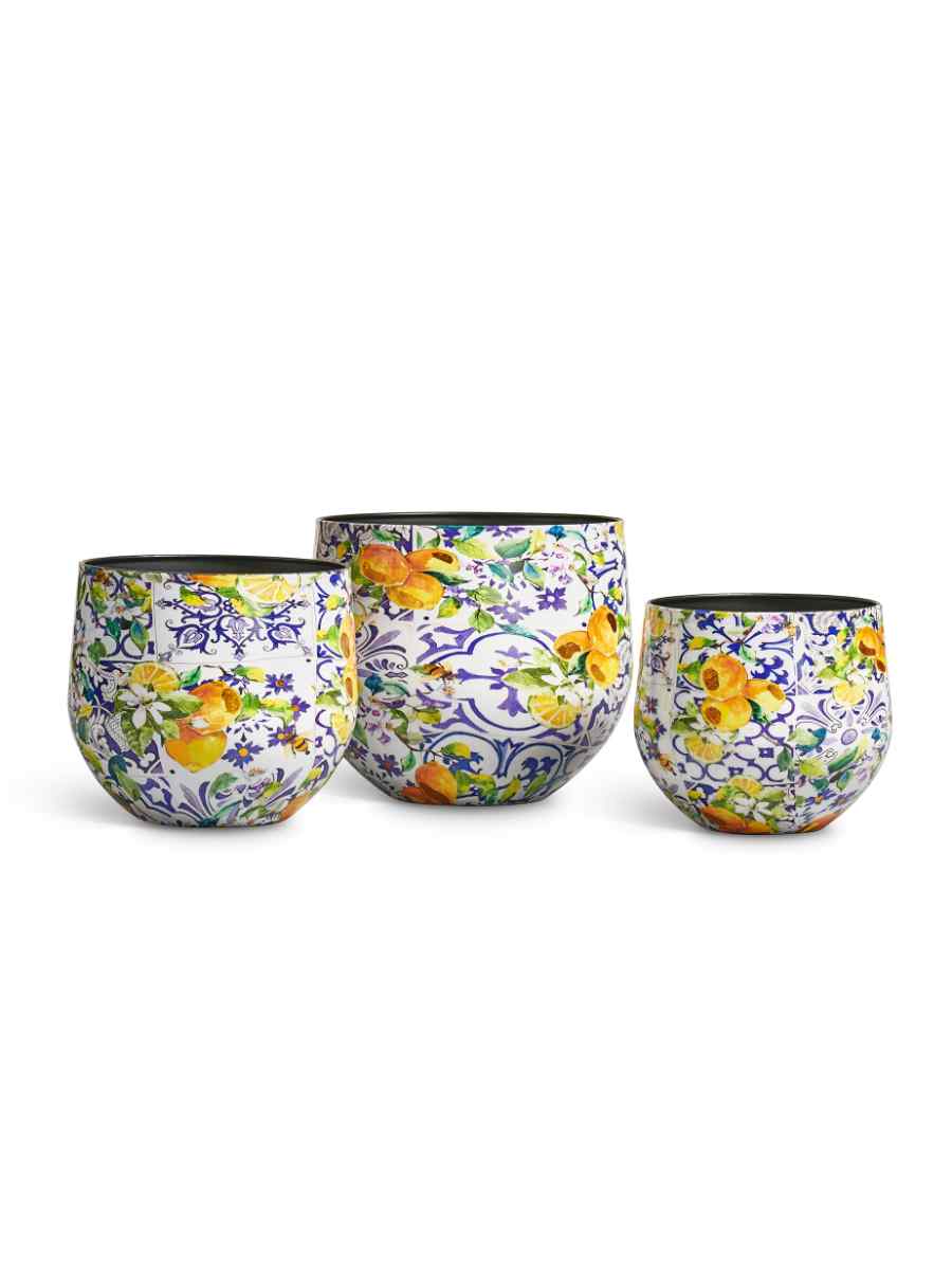 41.33-25-24-126-YL Кашпо напольное для цветов, TREEZ Effectory Savage Garden, чаша, керамический горшок, терракот и синий, белый, синий, жёлтый, 26x27 см, 10 л, для интерьера, для улицы — изображение 1