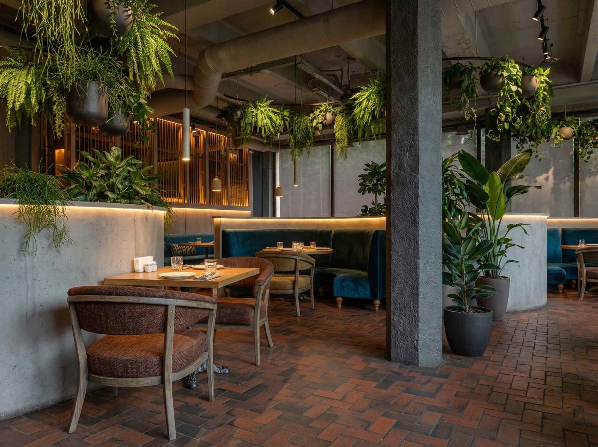 Озеленение ресторана в Москве — деревья в кашпо и подвесные растения