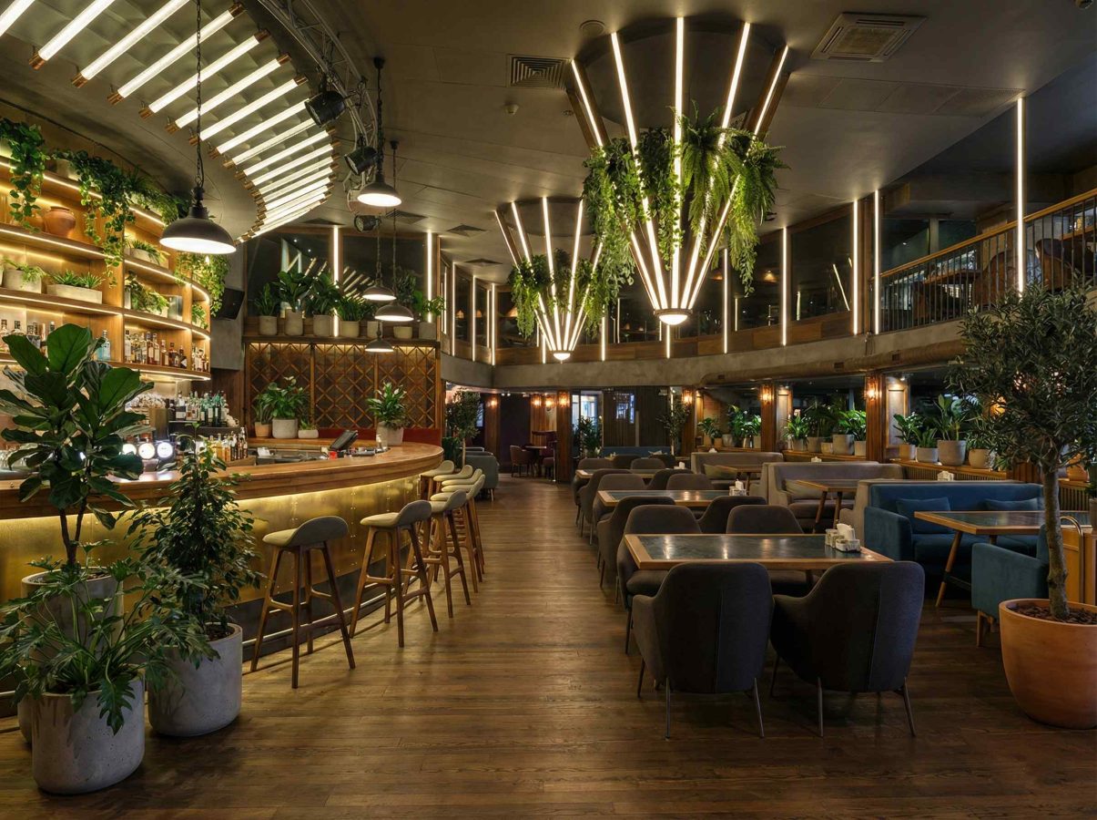 Озеленение ресторана в Москве — деревья в кашпо и подвесные растения