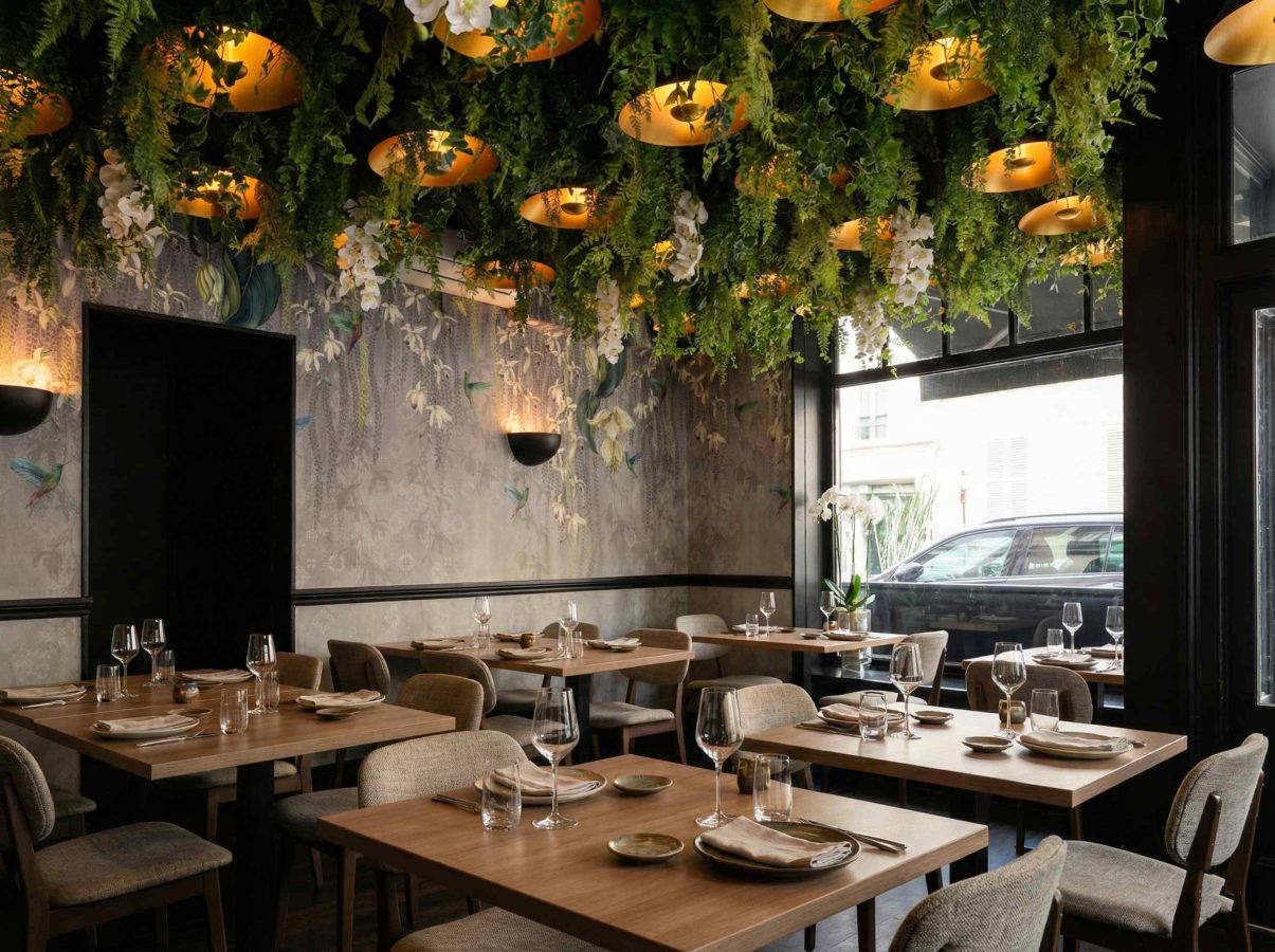 Озеленение ресторана в Москве — биофильный зеленый потолок