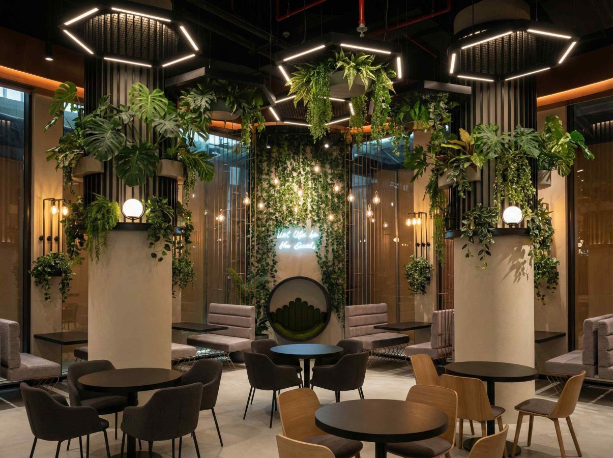 Озеленение ресторана в Москве — биофильный зеленый потолок и подвесные растения в кашпо