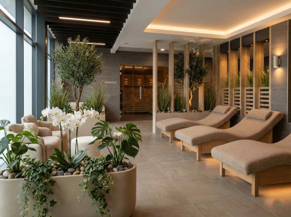 Озеленение фитнес-центра в Санкт-Петербурге — деревья и растения в кашпо